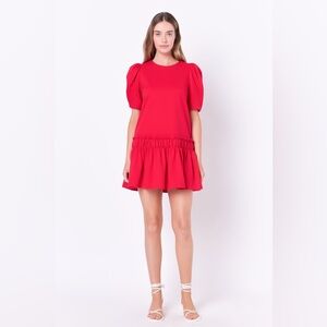 NWT English Factory Mini Dress Puff Sleeve Red Pullover Round Neck Medium